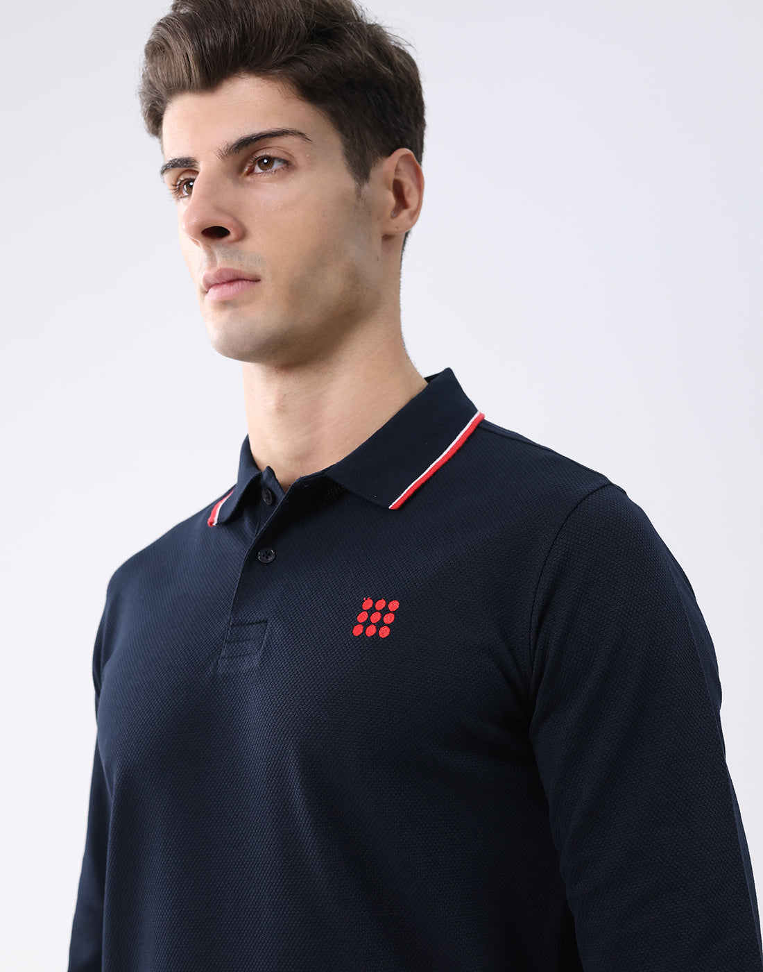 Rock.it Men Navy Blue Self Design Collar Full Sleeve T-Shirt