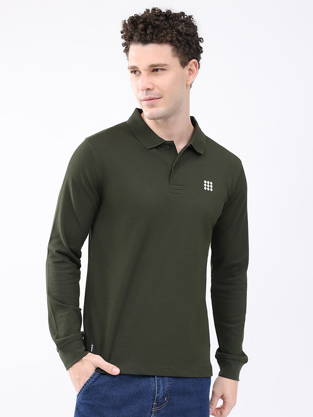 Rock.it Men Olive Solid Collar Full Sleeve Winter T-Shirt