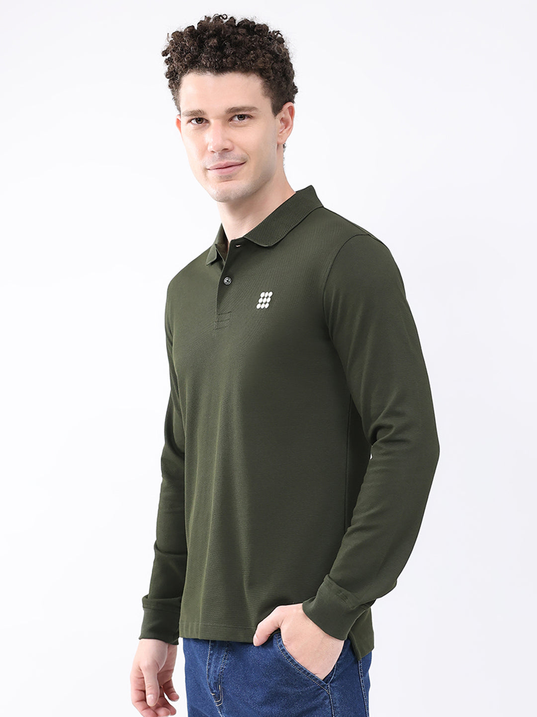 Rock.it Men Olive Solid Collar Full Sleeve Winter T-Shirt