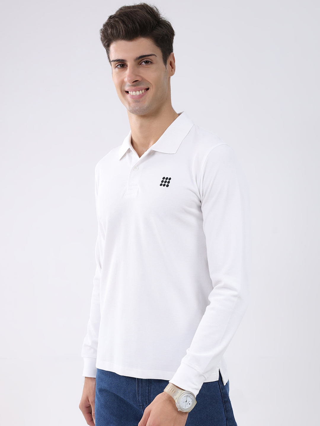 Rock.it Men White Solid Collar Full Sleeve Winter T-Shirt
