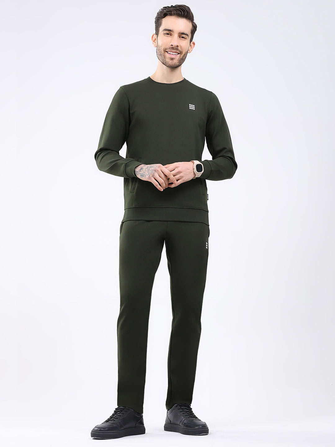 Rock.it Men Olive Solid Round Neck Full Sleeve Winter Tracksuit