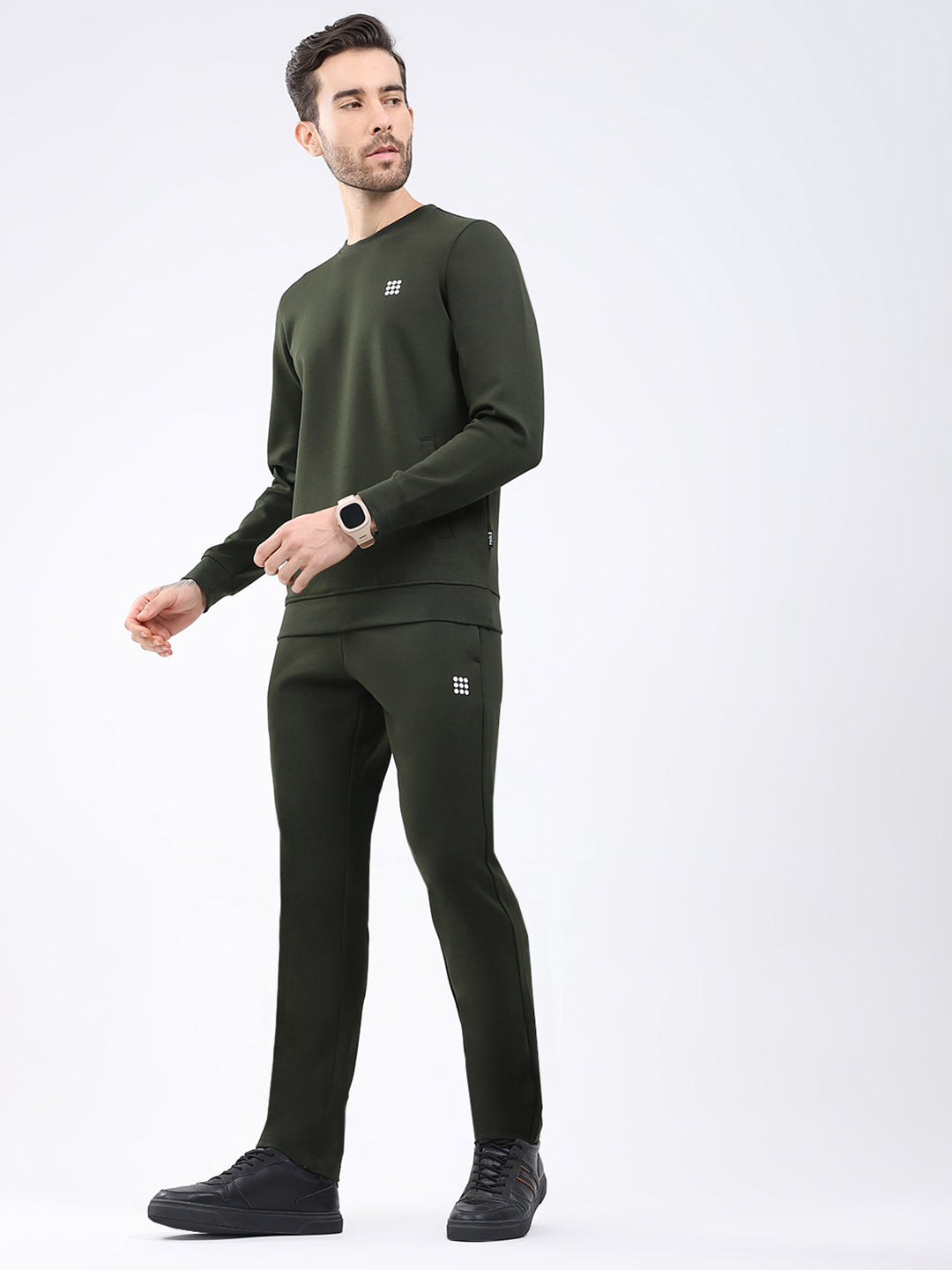 Rock.it Men Olive Solid Round Neck Full Sleeve Winter Tracksuit