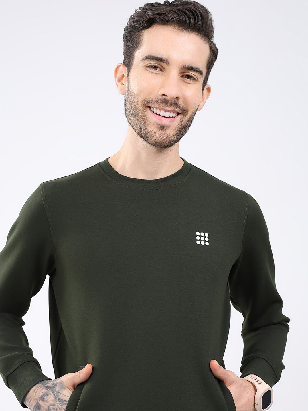 Rock.it Men Olive Solid Round Neck Full Sleeve Winter Tracksuit