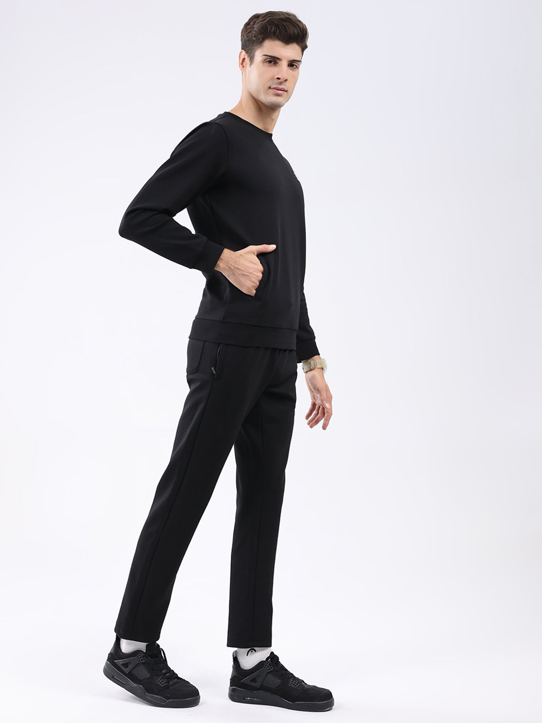 Rock.it Men Black Solid Round Neck Full Sleeve Winter Tracksuit
