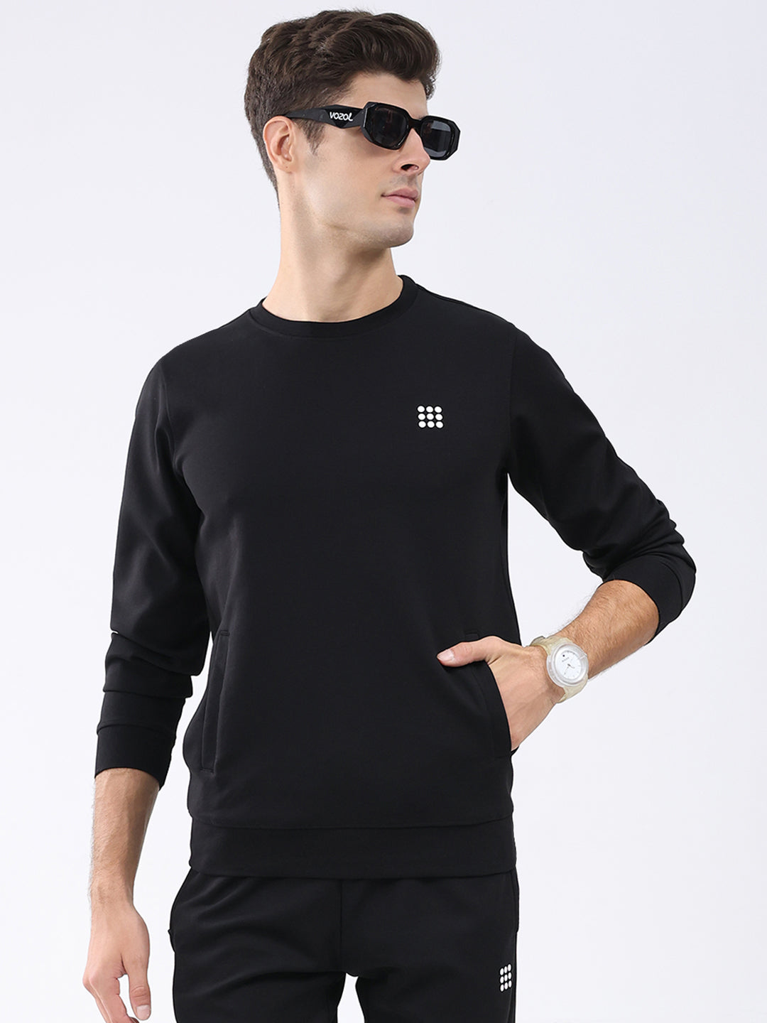 Rock.it Men Black Solid Round Neck Full Sleeve Winter Tracksuit