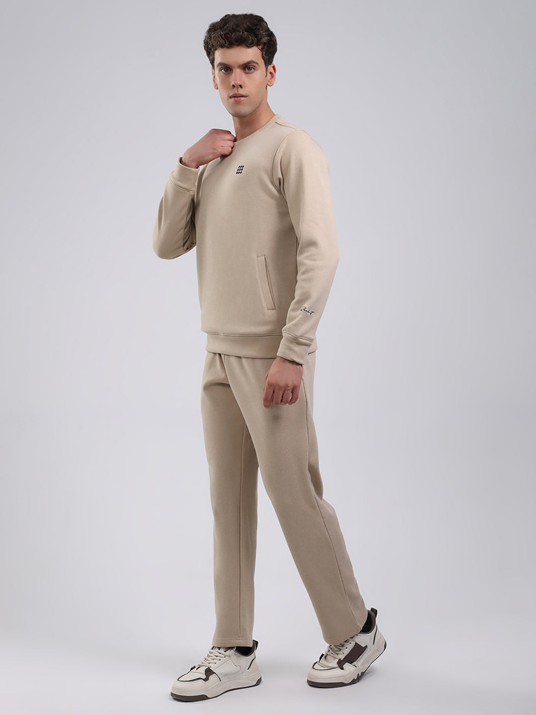 Rock.it Men Beige Solid Round Neck Full Sleeve Winter Tracksuit