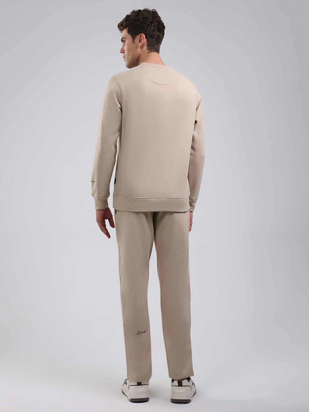 Rock.it Men Beige Solid Round Neck Full Sleeve Winter Tracksuit