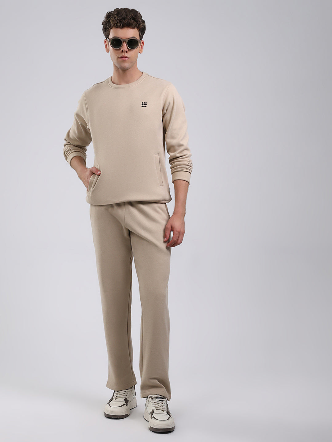 Rock.it Men Beige Solid Round Neck Full Sleeve Winter Tracksuit