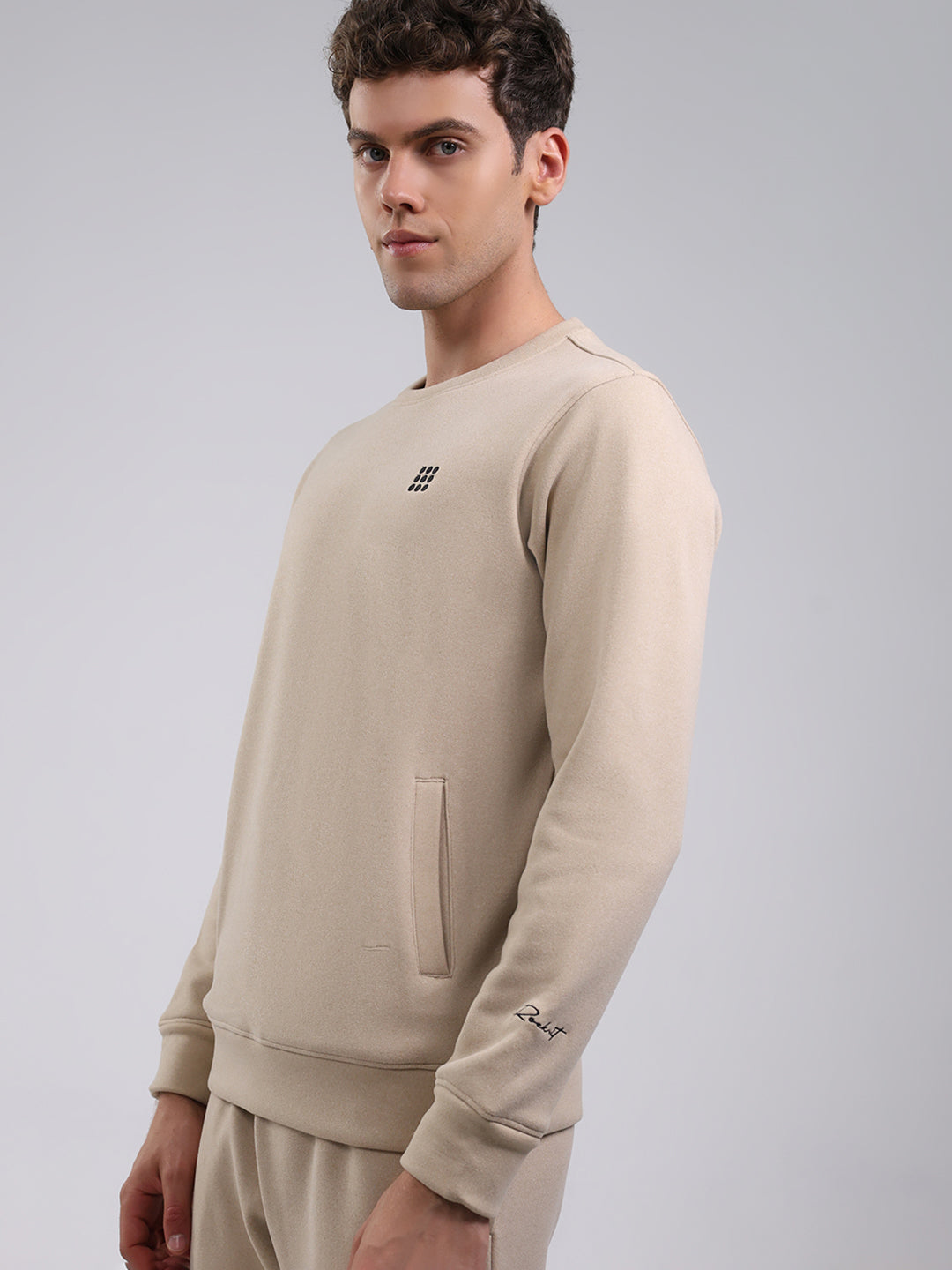 Rock.it Men Beige Solid Round Neck Full Sleeve Winter Tracksuit