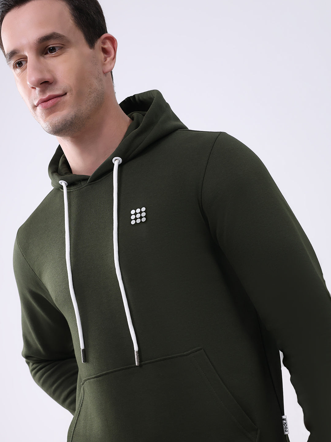 Rock.it Men Olive Solid Hooded Full Sleeve Sweatshirt