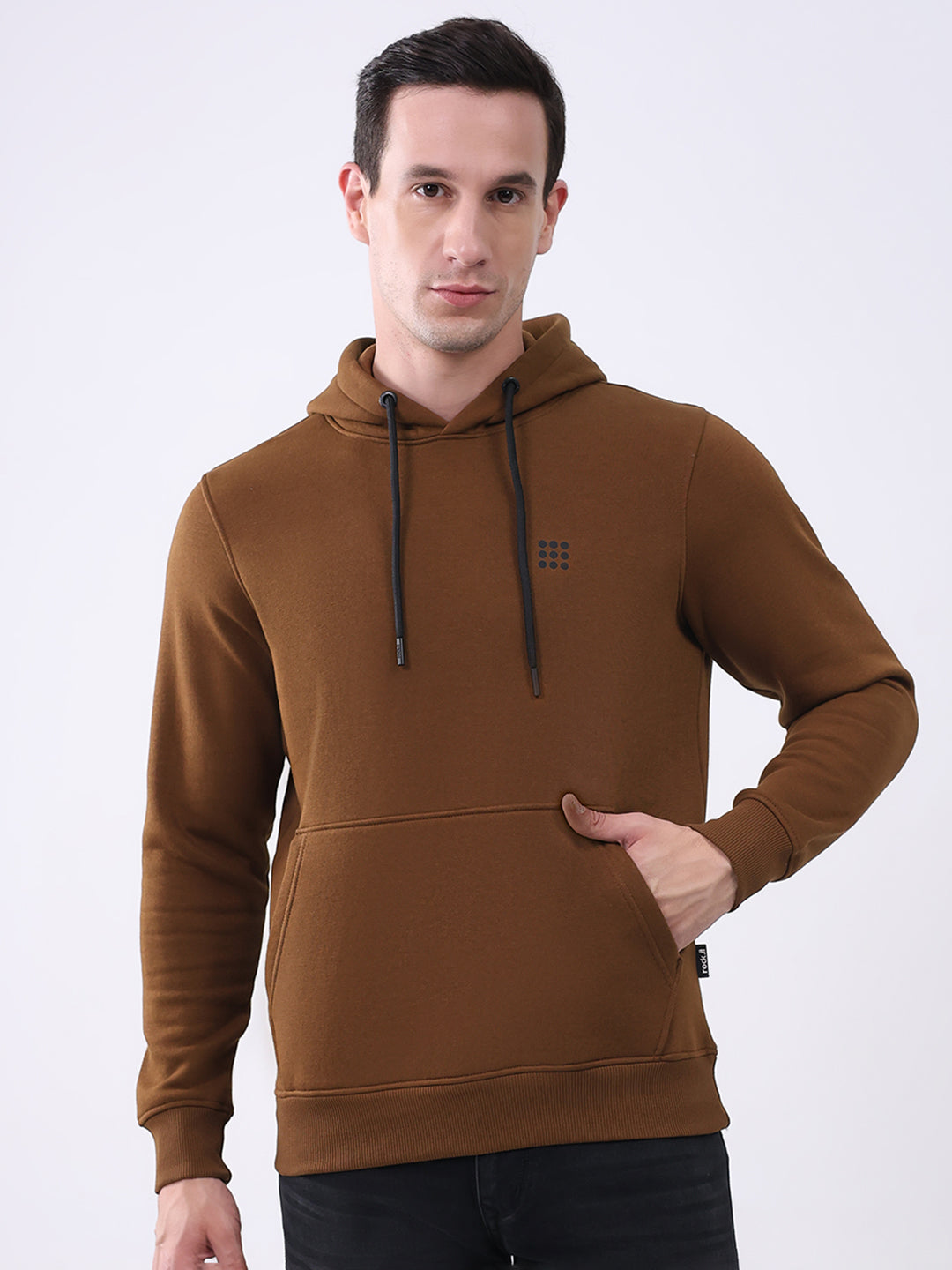 Rock.it Men Brown Solid Hooded Full Sleeve Sweatshirt