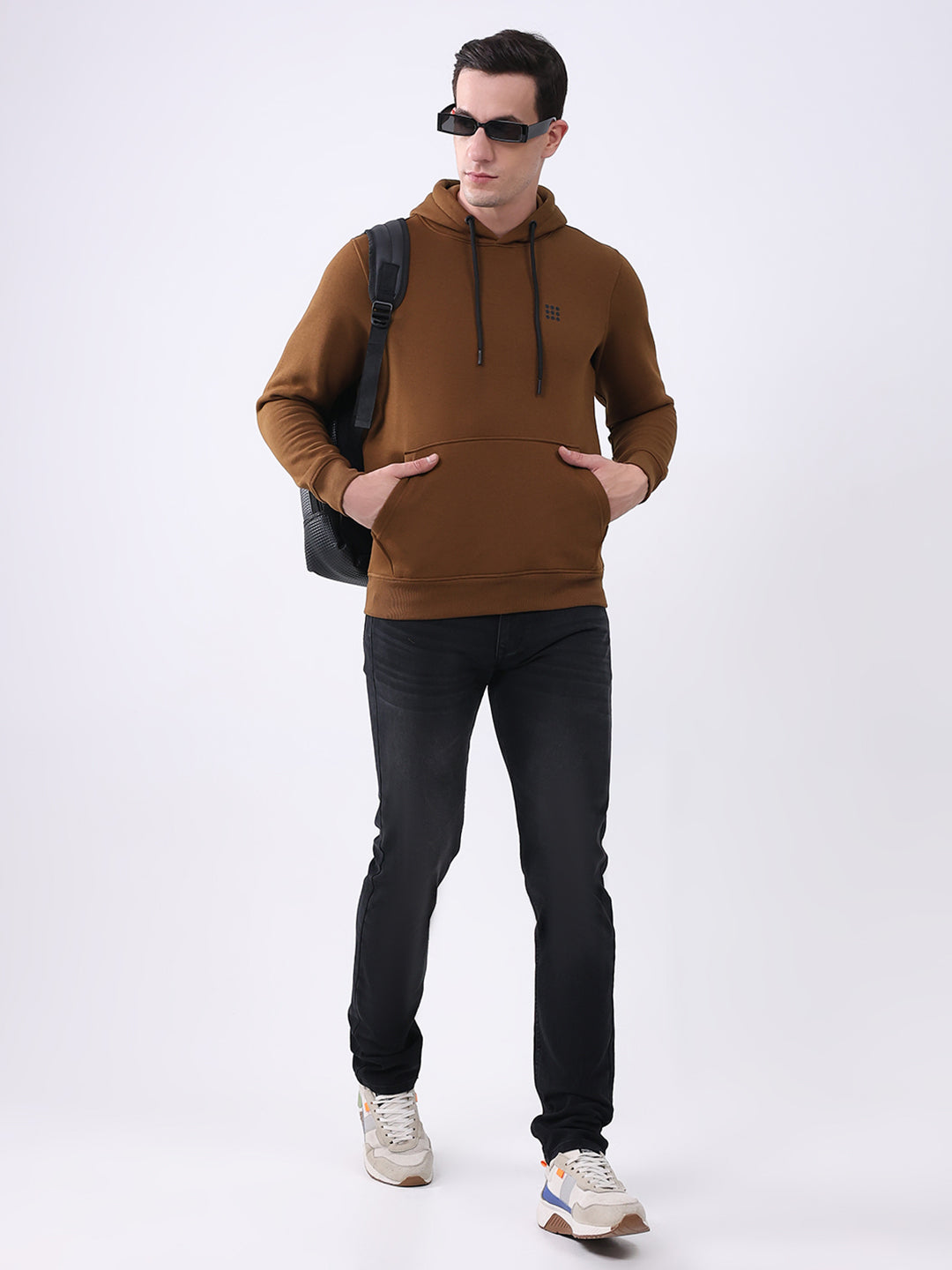 Rock.it Men Brown Solid Hooded Full Sleeve Sweatshirt