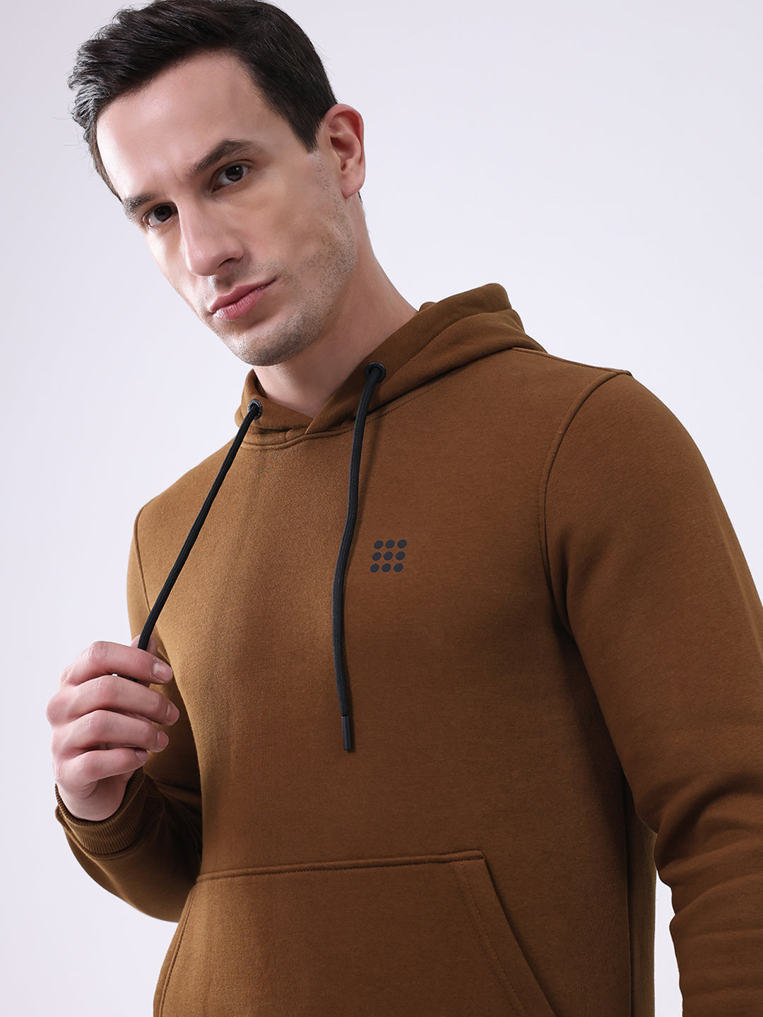 Rock.it Men Brown Solid Hooded Full Sleeve Sweatshirt