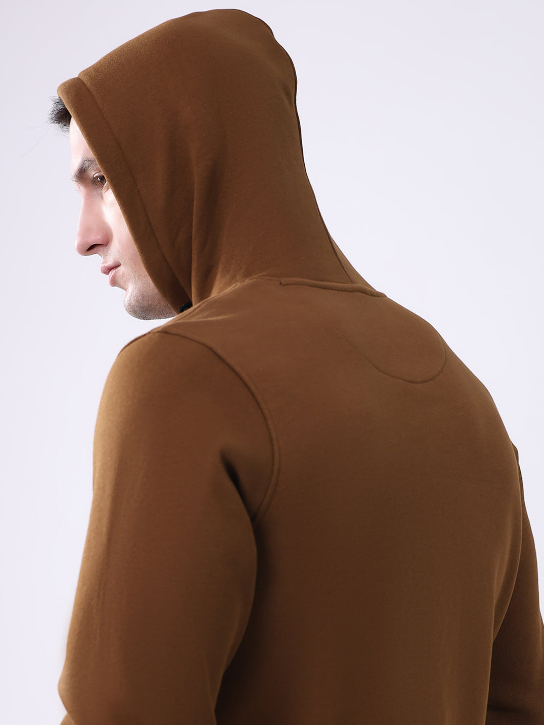 Rock.it Men Brown Solid Hooded Full Sleeve Sweatshirt