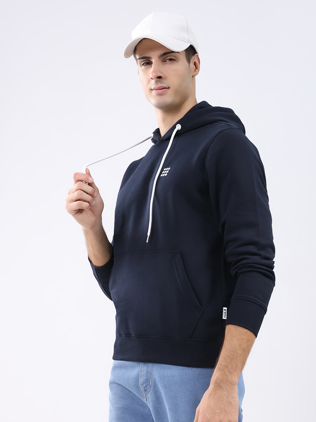 Rock.it Men Navy Blue Solid Hooded Full Sleeve Sweatshirt
