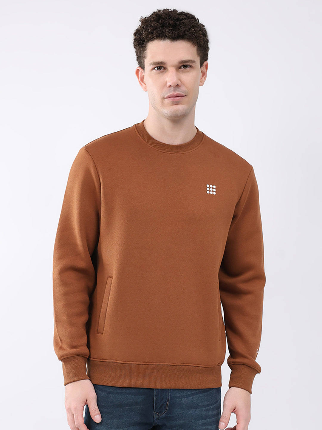 Rock.it Men Brown Solid Round Neck Full Sleeve Sweatshirt