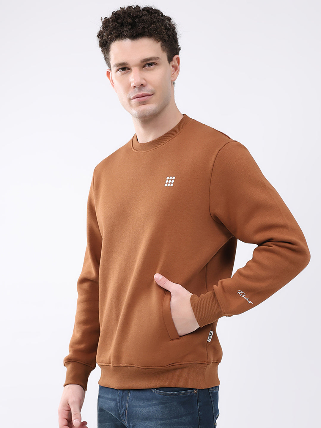 Rock.it Men Brown Solid Round Neck Full Sleeve Sweatshirt