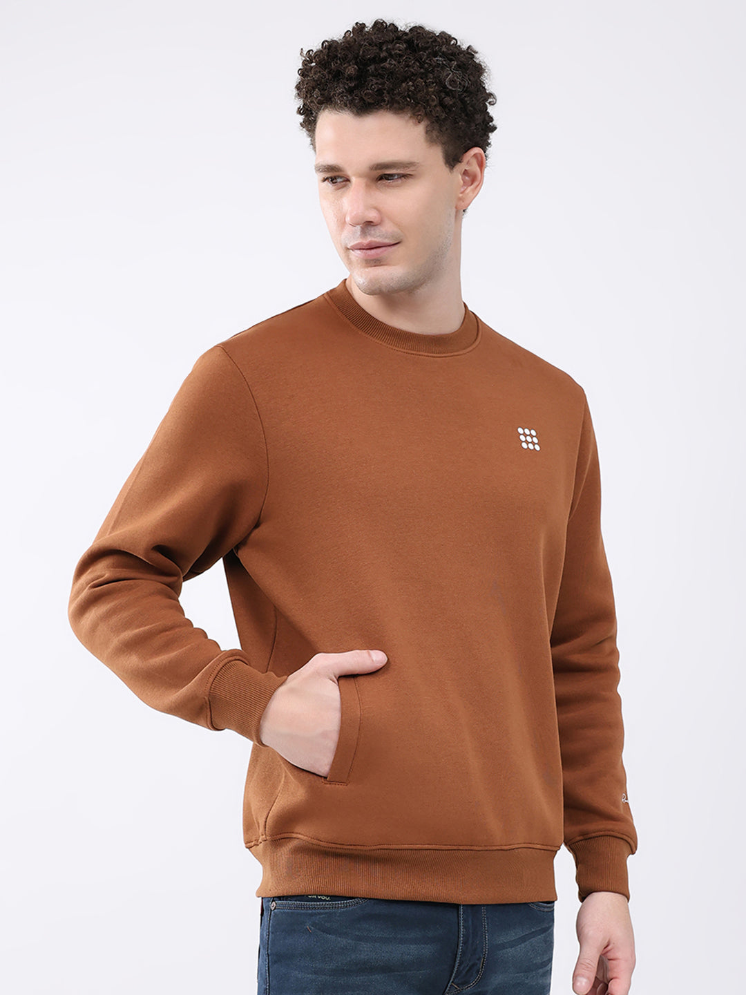 Rock.it Men Brown Solid Round Neck Full Sleeve Sweatshirt