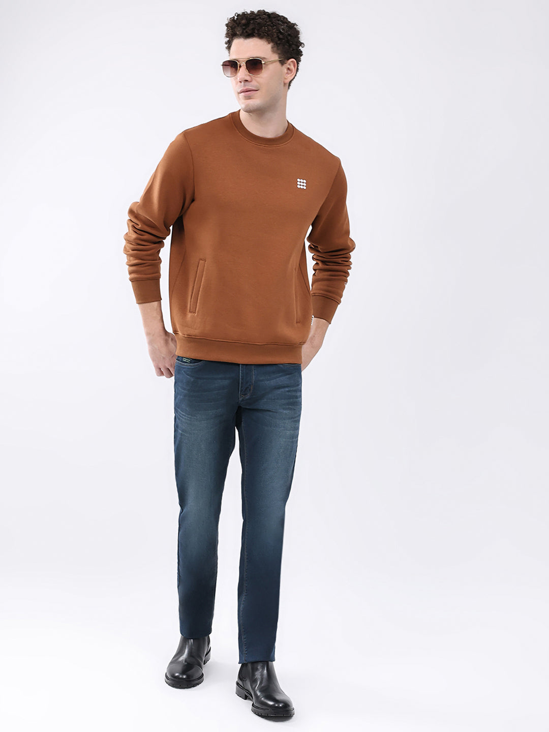 Rock.it Men Brown Solid Round Neck Full Sleeve Sweatshirt