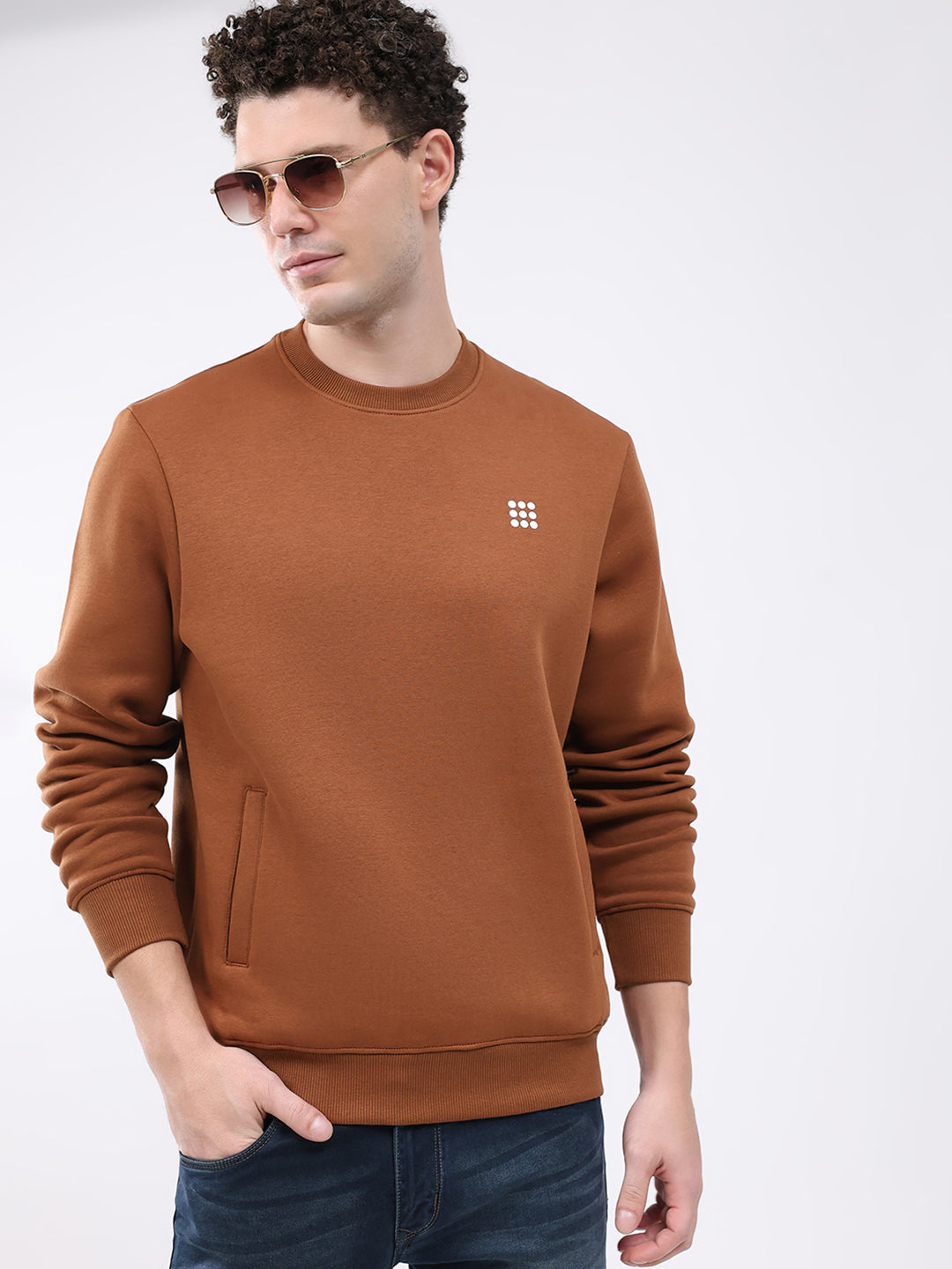 Rock.it Men Brown Solid Round Neck Full Sleeve Sweatshirt