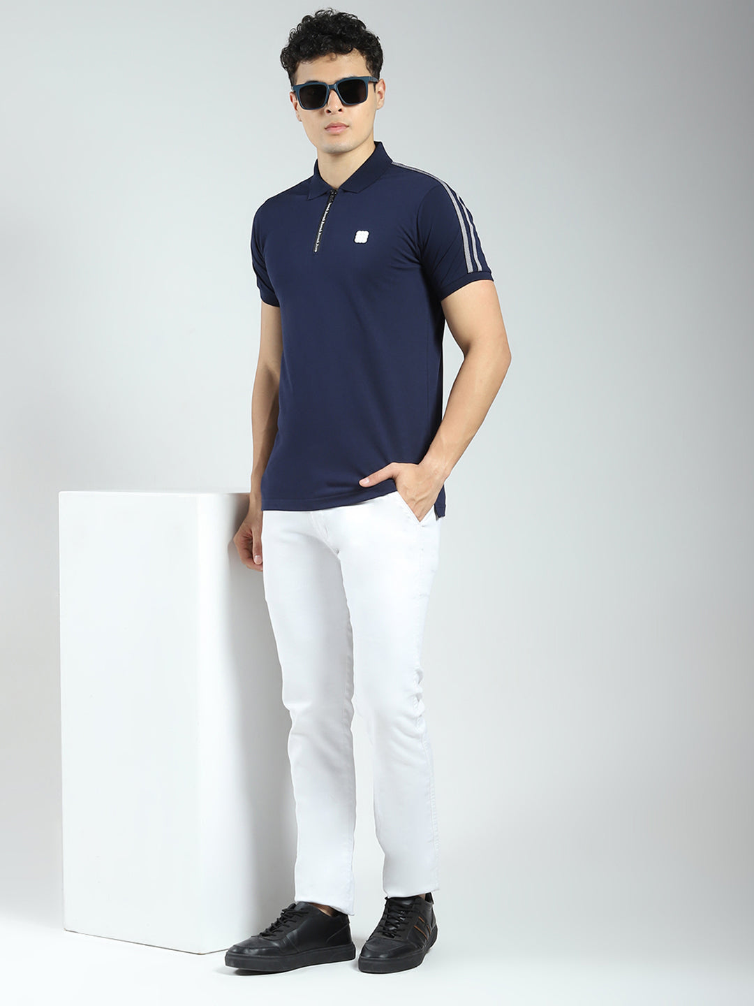 Rock.it Men Navy Blue Solid Collar Half Sleeve T-Shirt