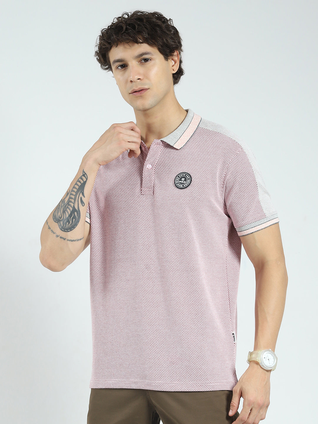 Rock.it Men Pink Self Design Collar Half Sleeve T-Shirt