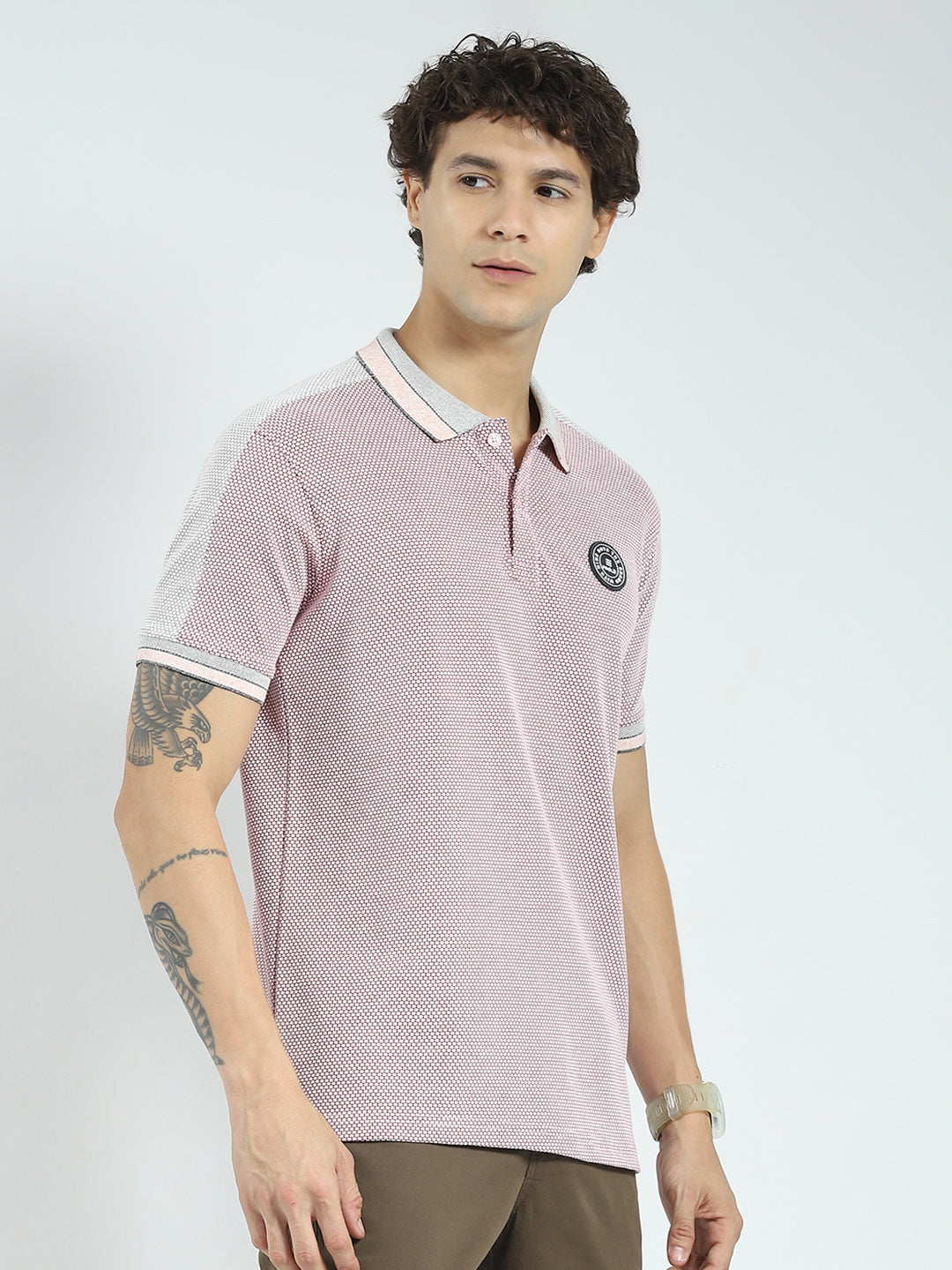 Rock.it Men Pink Self Design Collar Half Sleeve T-Shirt