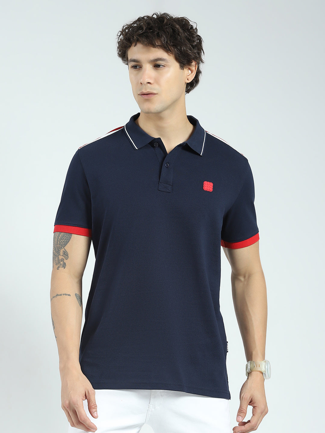 Rock.it Men Navy Blue Solid Collar Half Sleeve T-Shirt