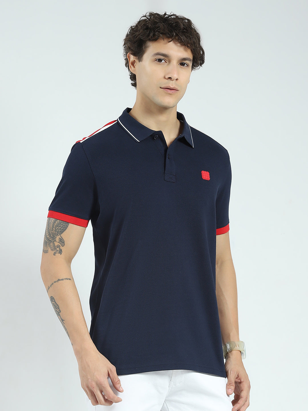 Rock.it Men Navy Blue Solid Collar Half Sleeve T-Shirt
