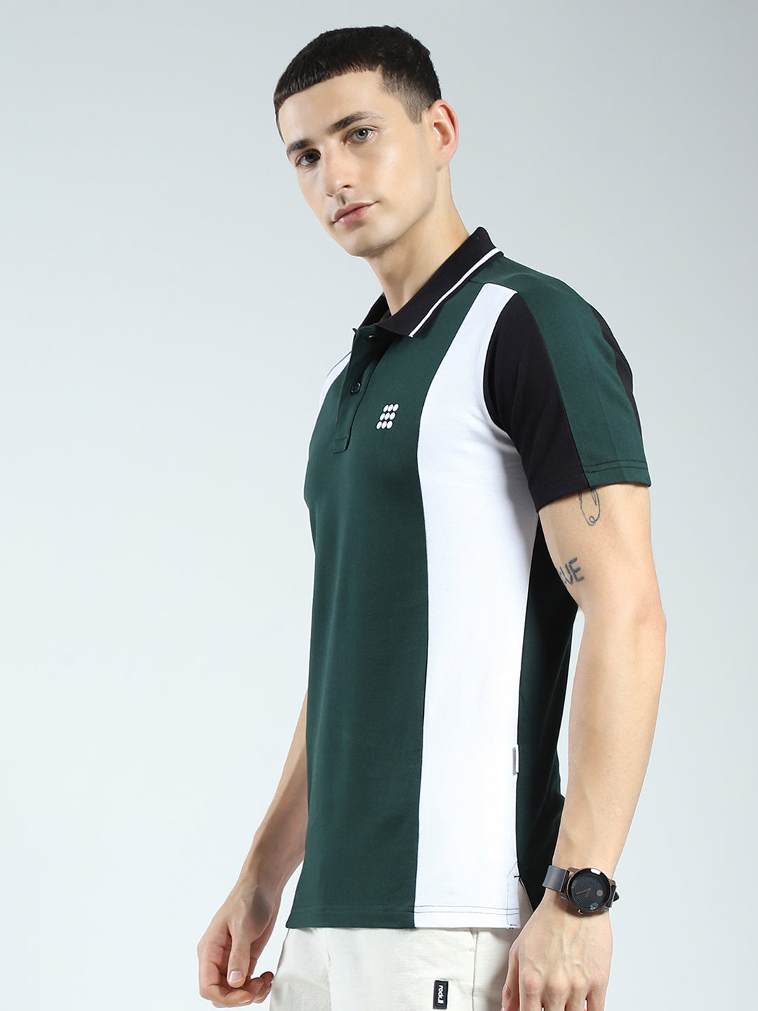 Rock.it Men Green Stripe Collar Half Sleeve T-Shirt