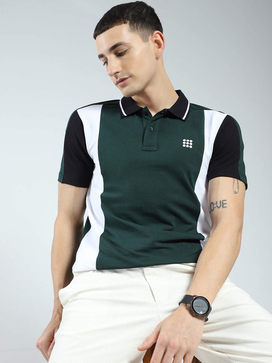 Rock.it Men Green Stripe Collar Half Sleeve T-Shirt