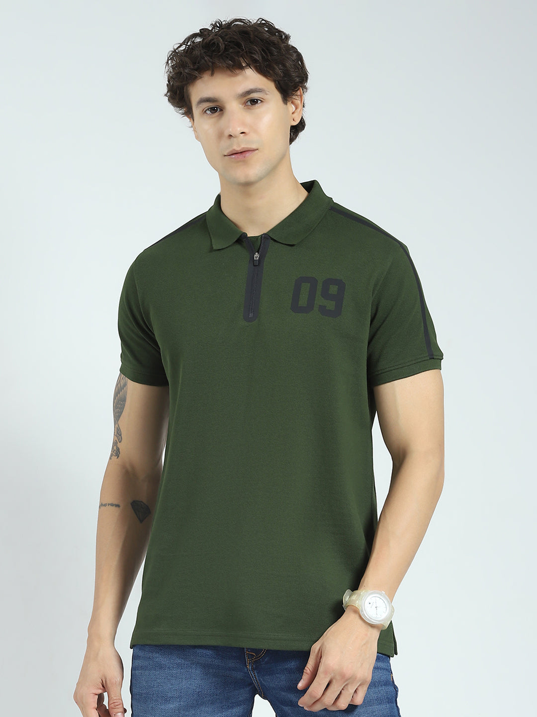 Rock.it Men Olive Printed Collar Half Sleeve T-Shirt