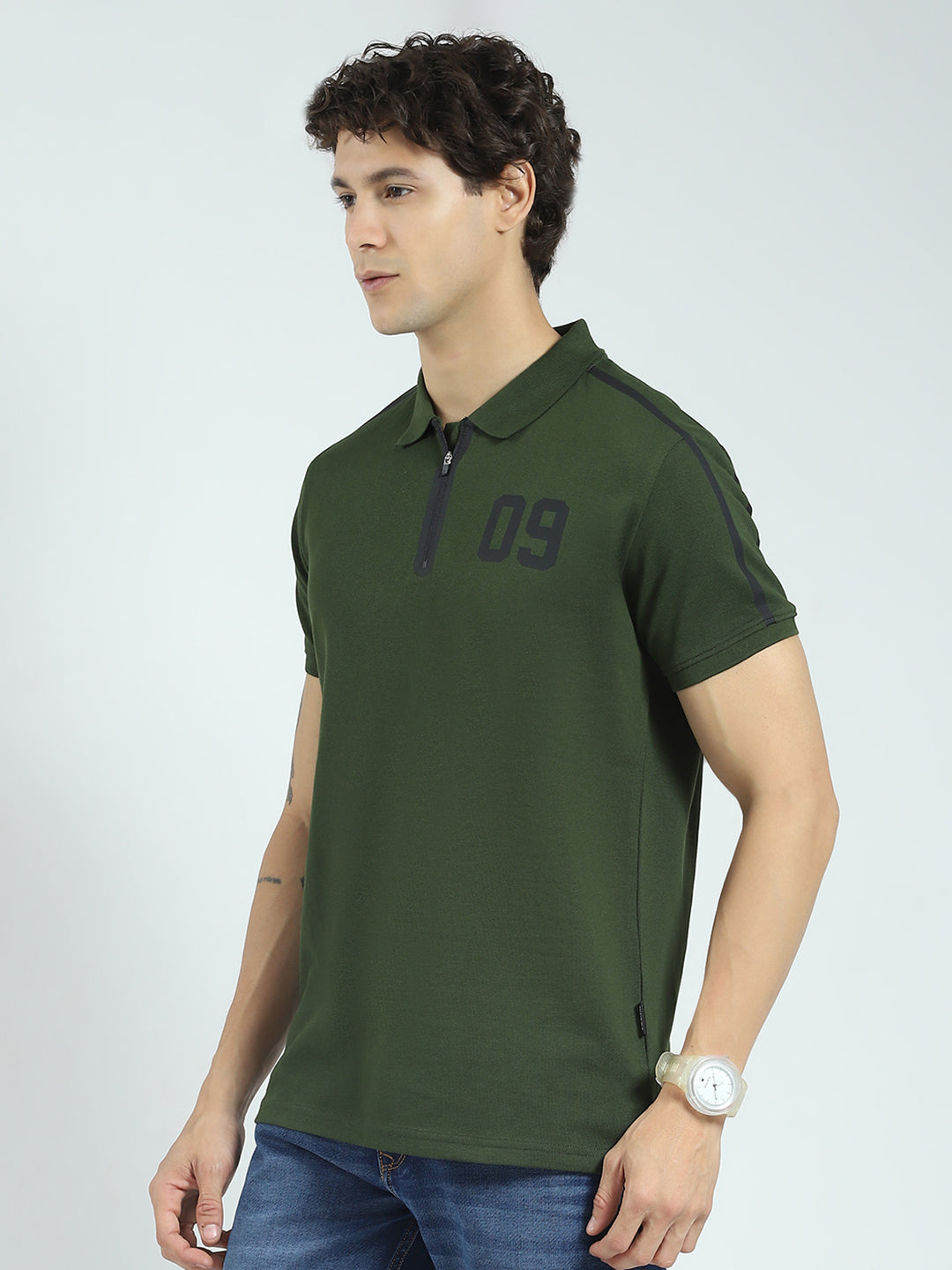 Rock.it Men Olive Printed Collar Half Sleeve T-Shirt