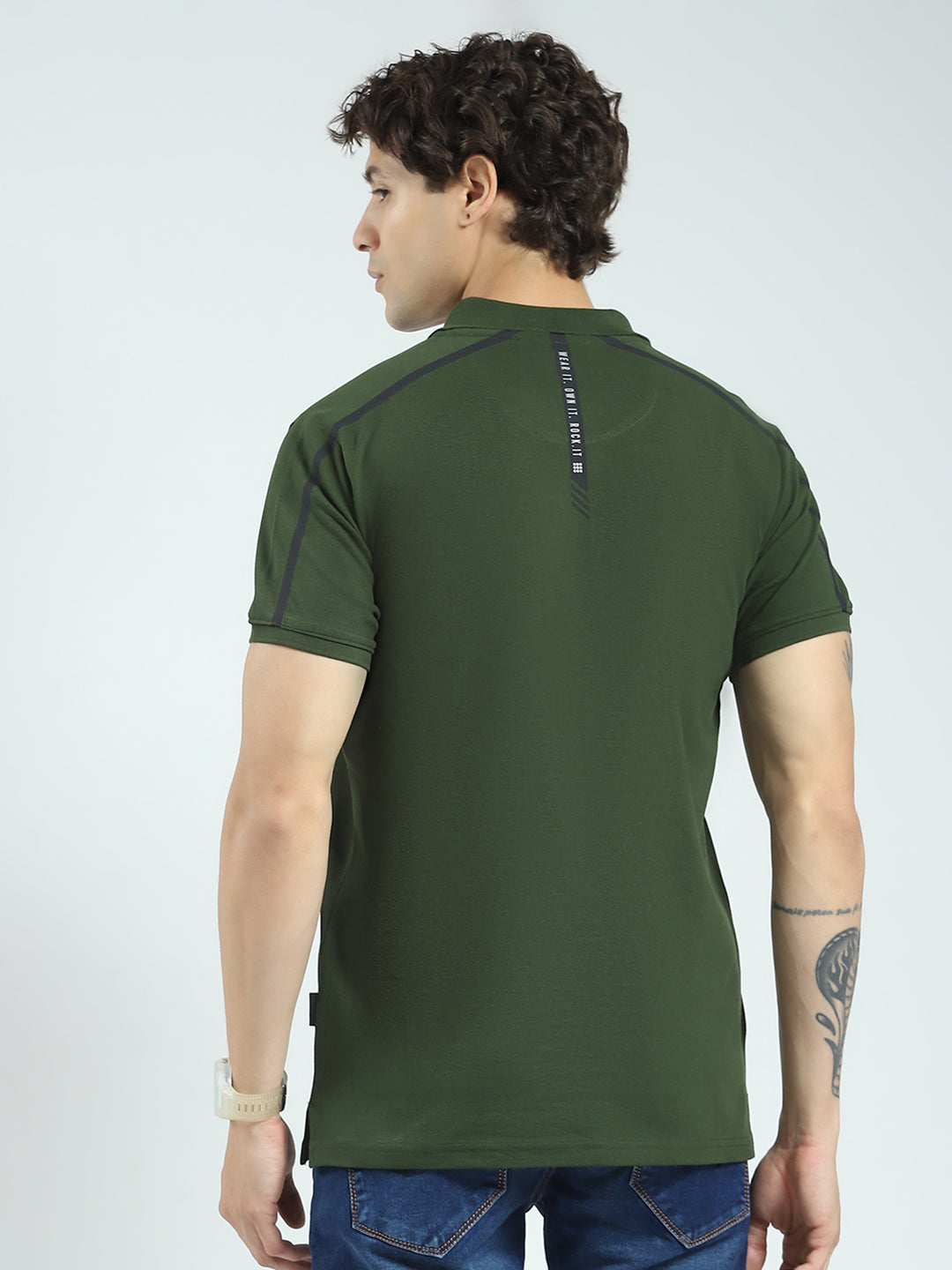 Rock.it Men Olive Printed Collar Half Sleeve T-Shirt