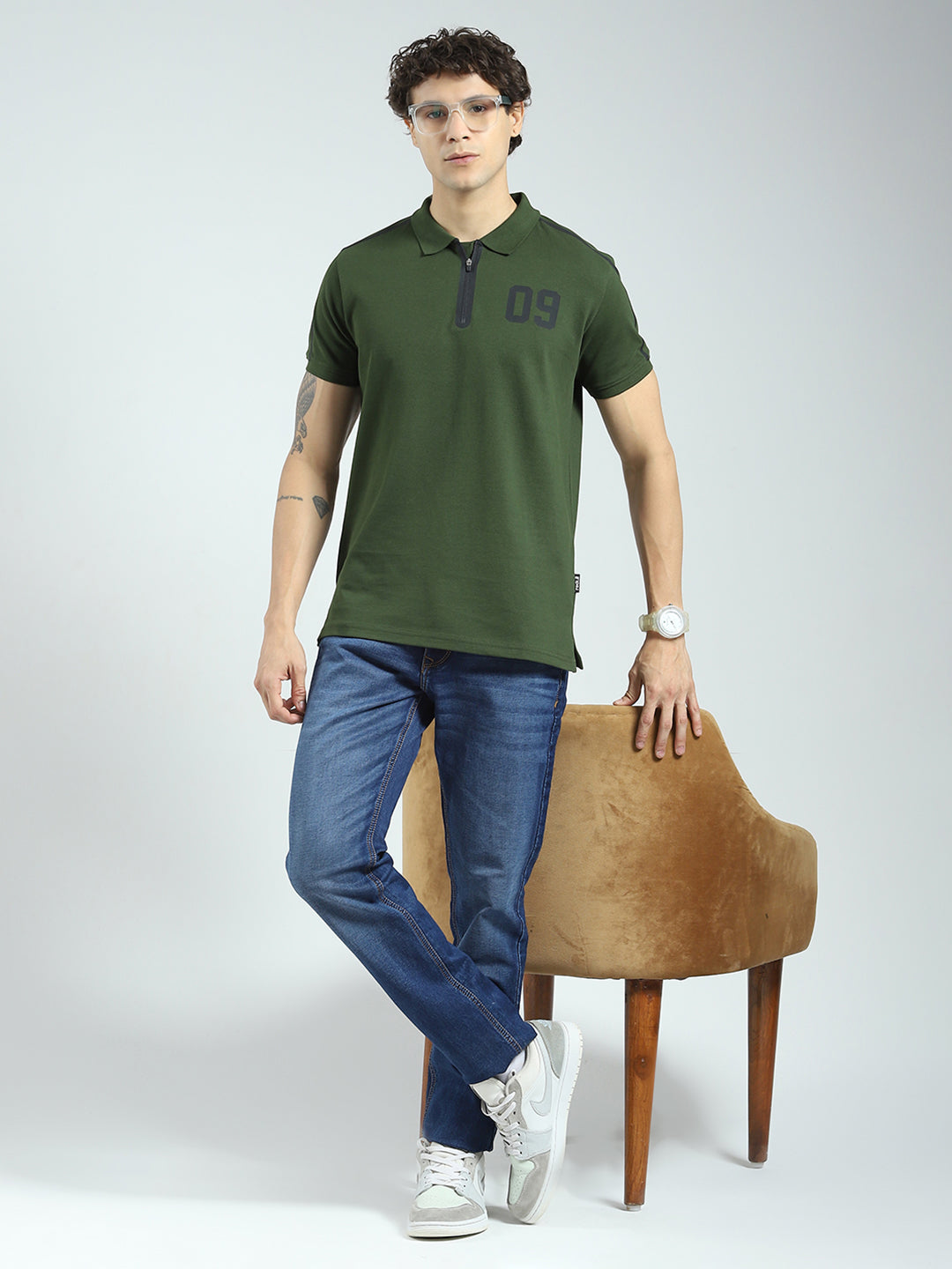 Rock.it Men Olive Printed Collar Half Sleeve T-Shirt