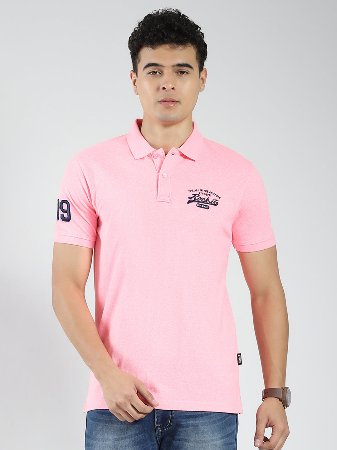 Rock.it Men Pink Solid Collar Half Sleeve T-Shirt
