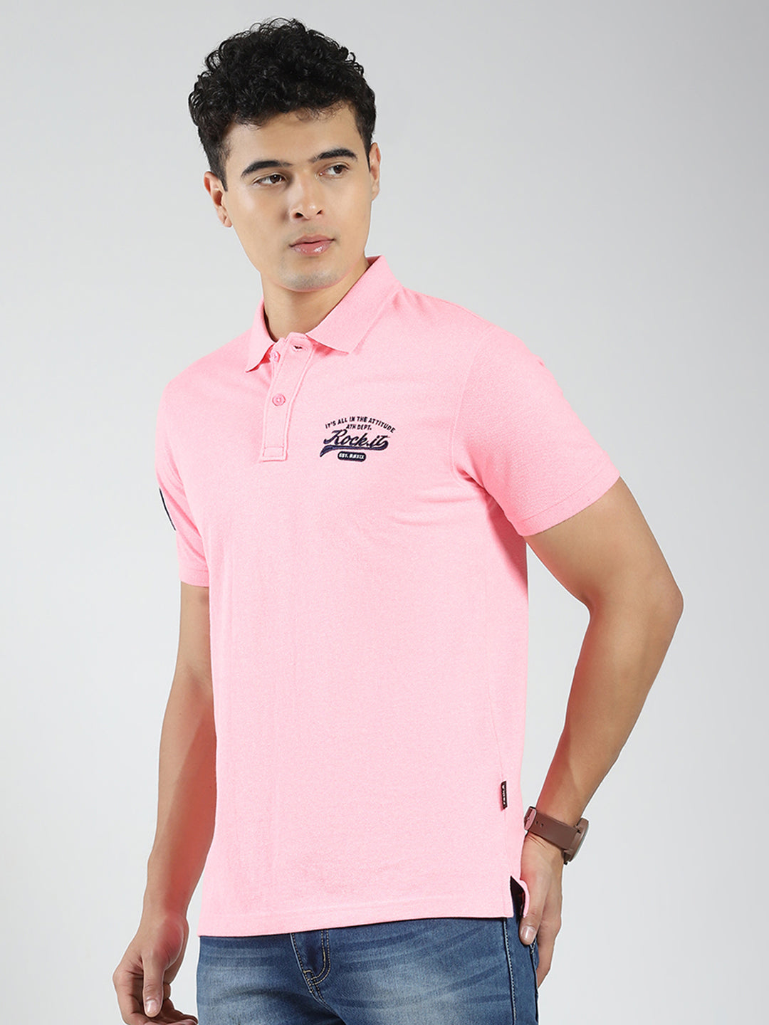 Rock.it Men Pink Solid Collar Half Sleeve T-Shirt