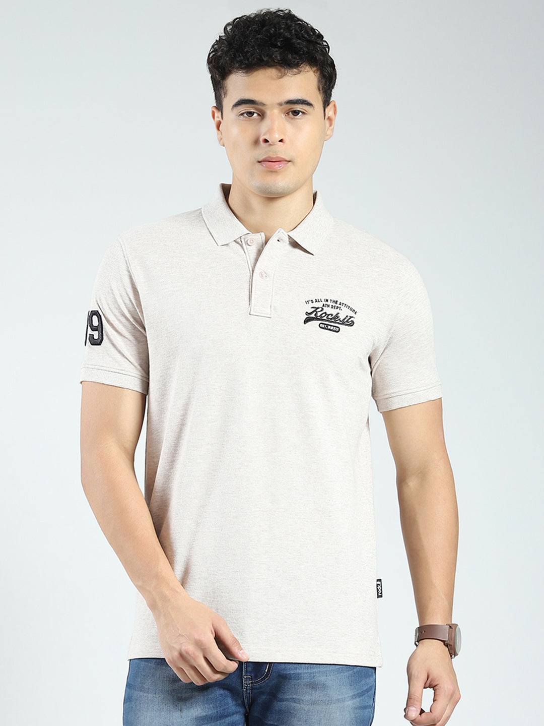 Rock.it Men Beige Solid Collar Half Sleeve T-Shirt