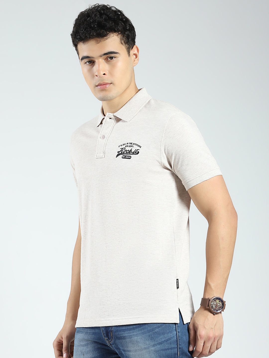Rock.it Men Beige Solid Collar Half Sleeve T-Shirt