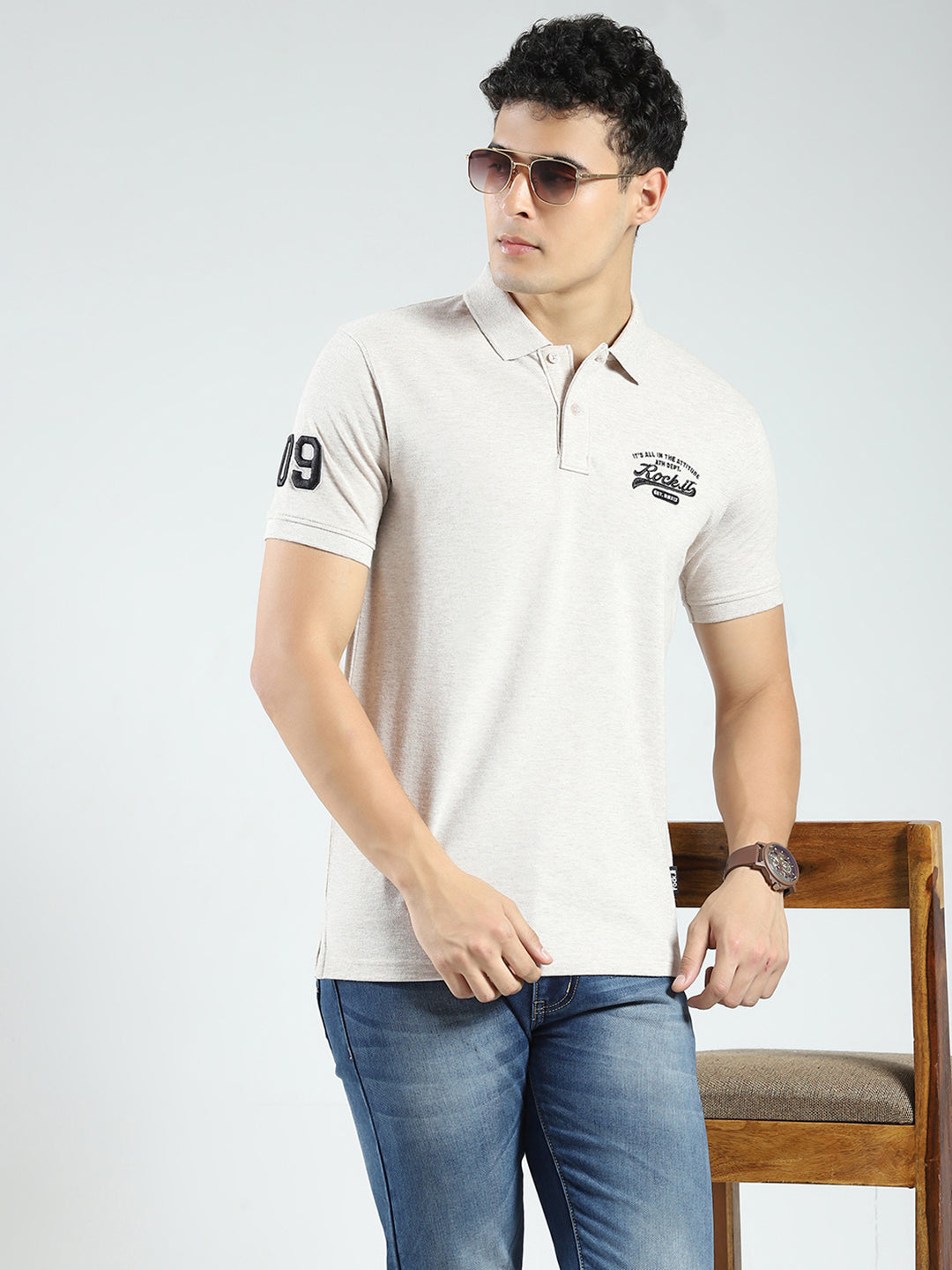 Rock.it Men Beige Solid Collar Half Sleeve T-Shirt