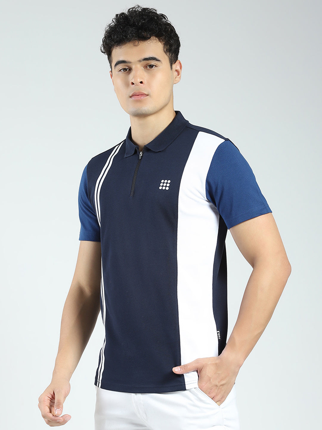 Rock.it Men Navy Blue Stripe Collar Half Sleeve T-Shirt