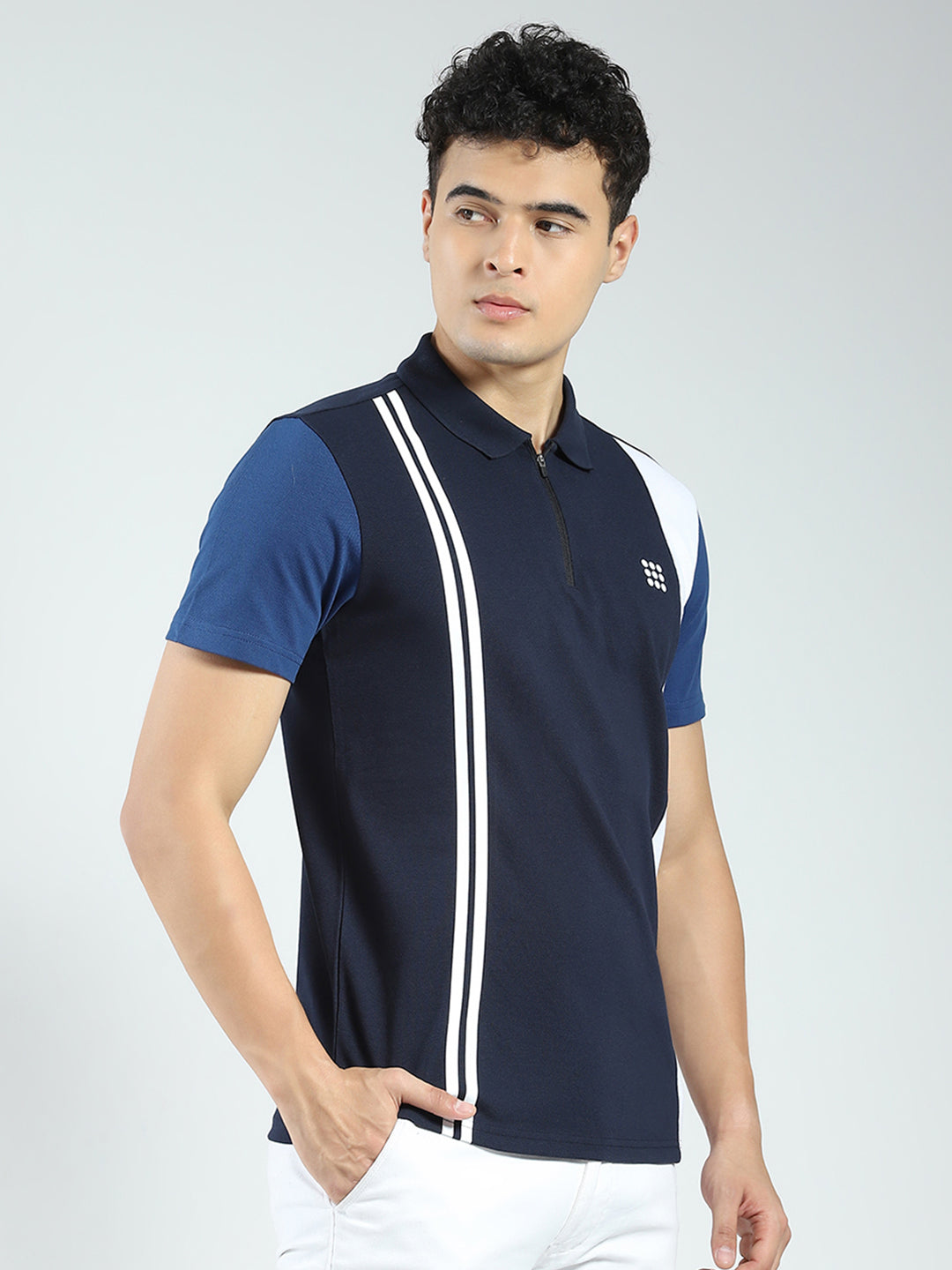 Rock.it Men Navy Blue Stripe Collar Half Sleeve T-Shirt