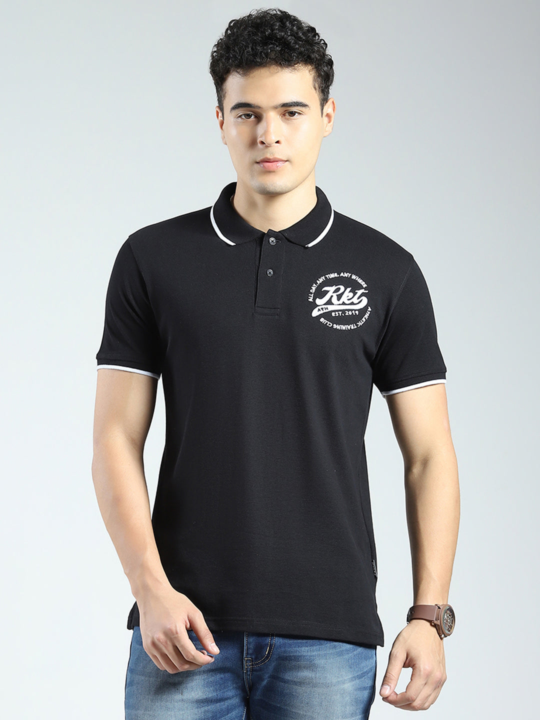 Rock.it Men Black Solid Collar Half Sleeve T-Shirt