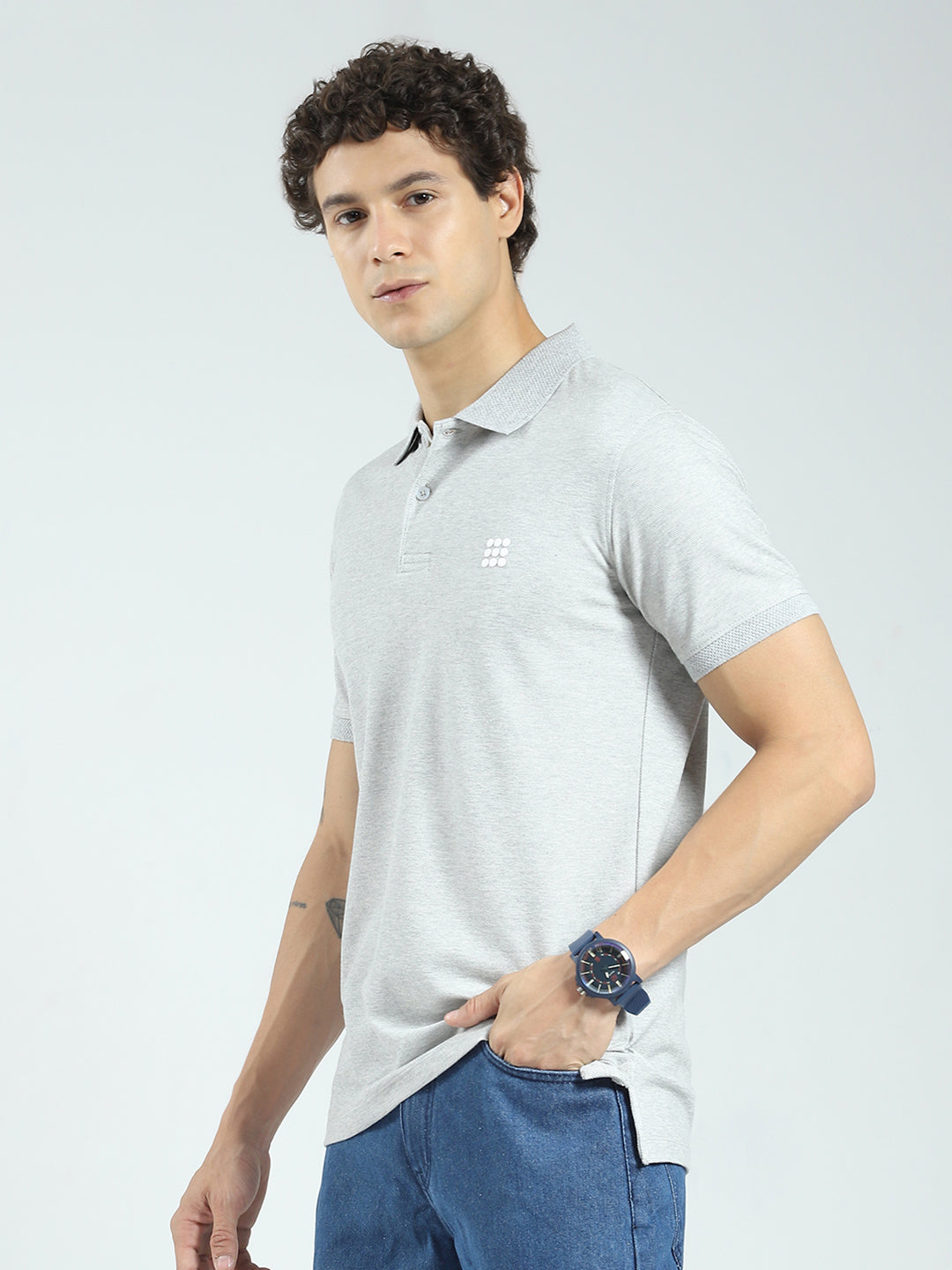 Rock.it Men Grey Solid Collar Half Sleeve T-Shirt