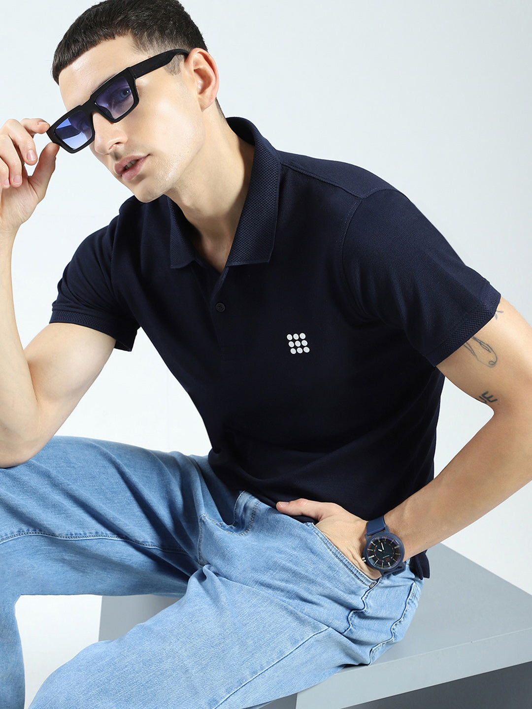 Rock.it Men Navy Blue Solid Collar Half Sleeve T-Shirt