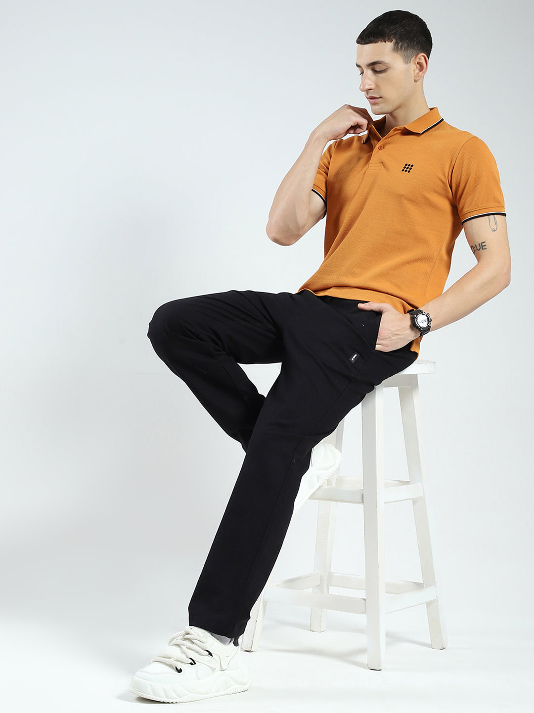 Rock.it Men Mustard Self Design Collar Half Sleeve T-Shirt