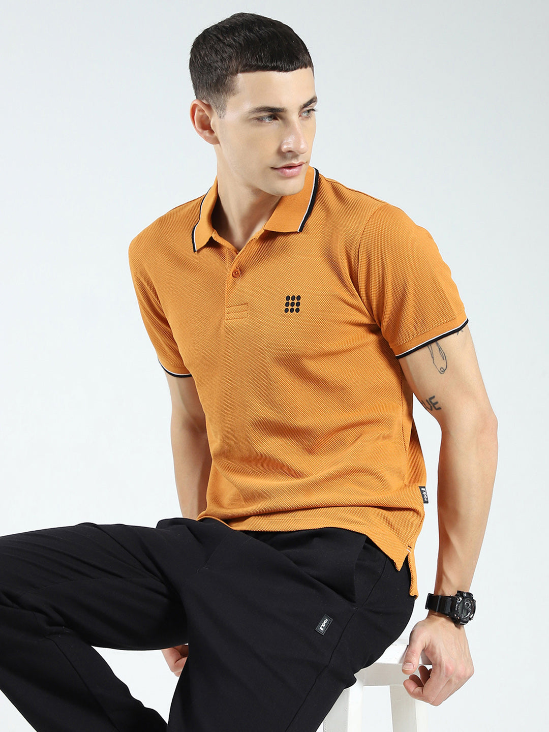 Rock.it Men Mustard Self Design Collar Half Sleeve T-Shirt
