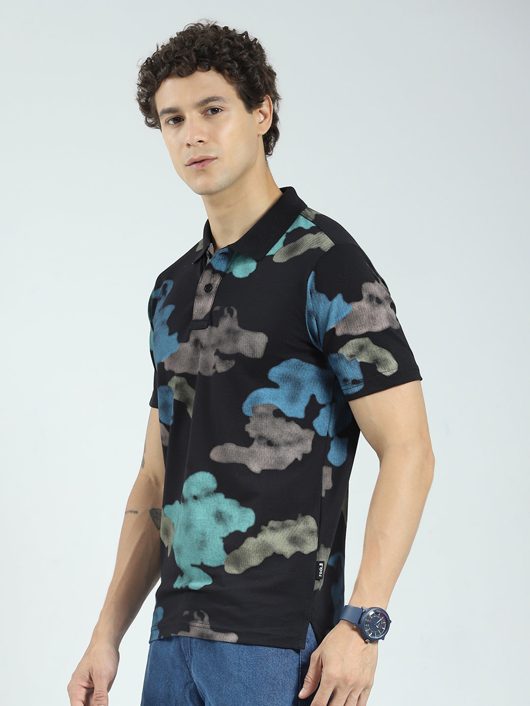 Rock.it Men Black Printed Collar Half Sleeve T-Shirt