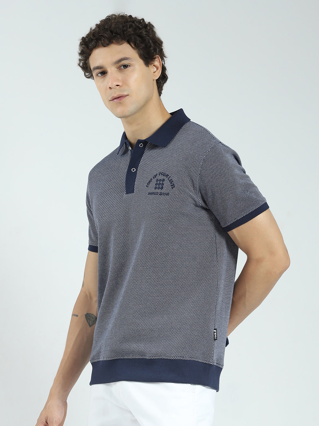 Rock.it Men Navy Blue Self Design Collar Half Sleeve T-Shirt