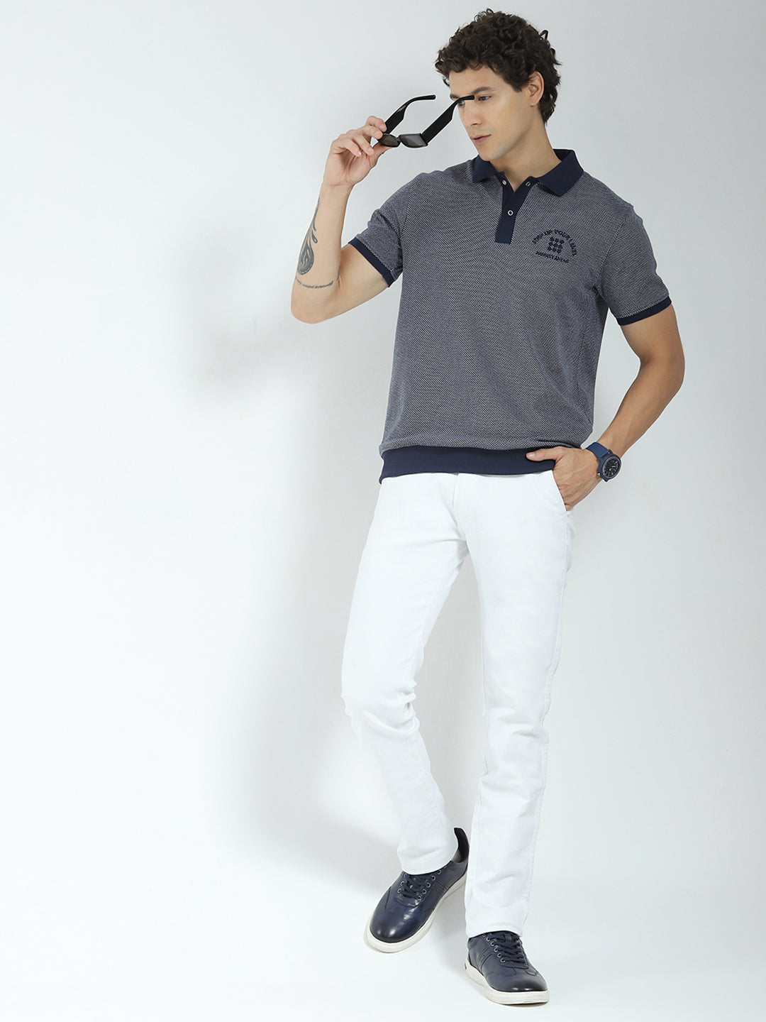 Rock.it Men Navy Blue Self Design Collar Half Sleeve T-Shirt